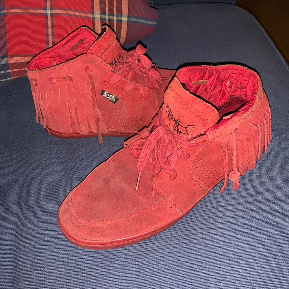 Famous stars and straps yelawolf bama chukka red suede fringe high top sneaker